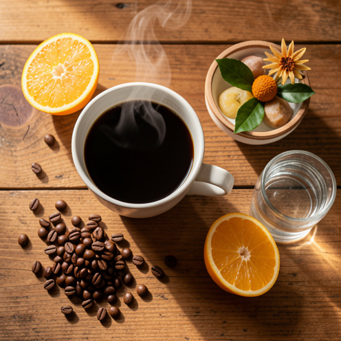 Tasse de café noir fumant entourée de grains de café, d’agrumes et d’eau sur une table en bois, évoquant la question de ses effets sur la santé.