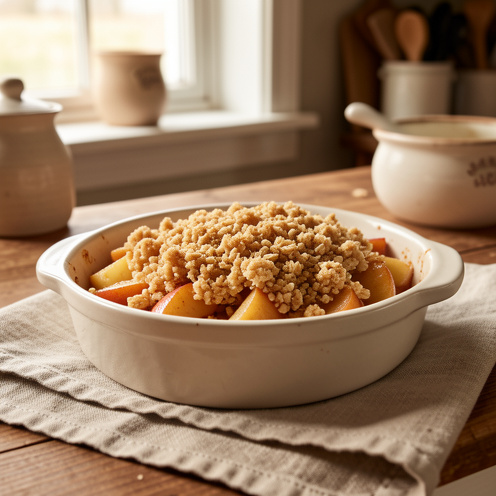 Crumble aux pommes et aux flocons d’avoine sans beurre, doré et servi dans un plat en céramique.