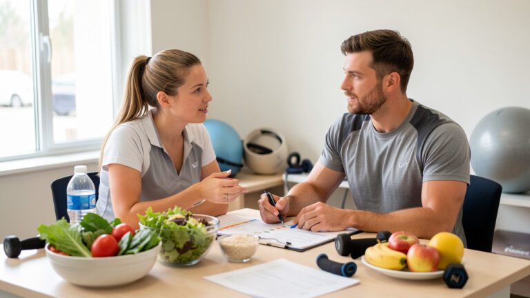 Une nutritionniste sportive conseille un athlète autour d’une alimentation équilibrée dans un espace de consultation lumineux.