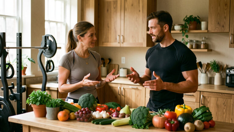Une formatrice en nutrition sportive échange avec un athlète autour d’une sélection équilibrée d’aliments frais et d’équipements d’entraînement.