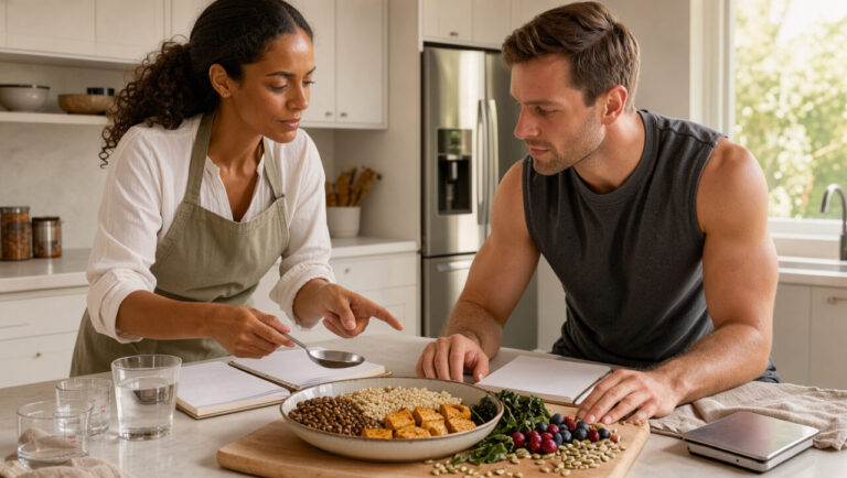 Une nutritionniste sportive et un athlète étudient ensemble un repas végétalien équilibré composé de légumineuses, céréales, tofu, légumes verts, fruits rouges et graines.