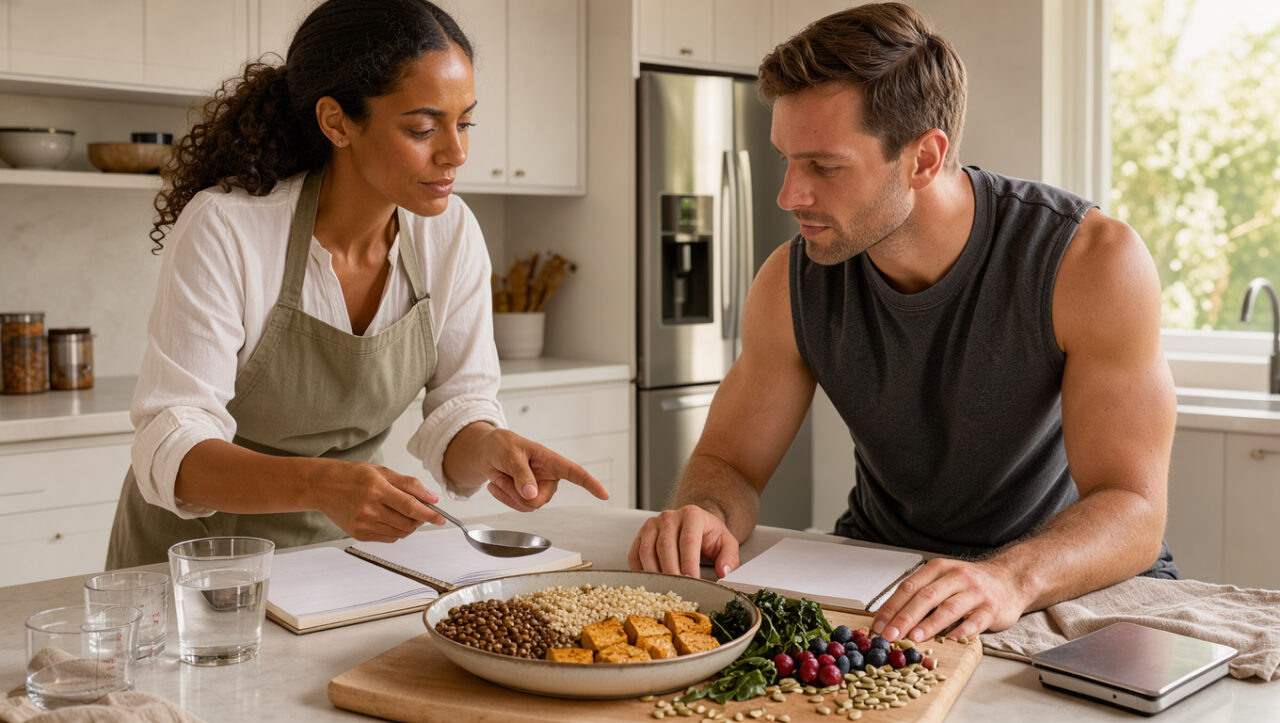 Une nutritionniste sportive et un athlète étudient ensemble un repas végétalien équilibré composé de légumineuses, céréales, tofu, légumes verts, fruits rouges et graines.
