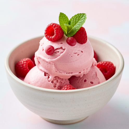 Glace minute rose à la framboise, garnie de framboises fraîches et de feuilles de menthe dans un bol en céramique.