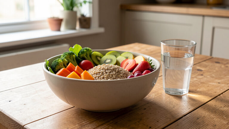 Bol coloré composé d’aliments simples et équilibrés, avec des légumes frais, des céréales complètes, des fruits et un verre d’eau sur une table de cuisine lumineuse.