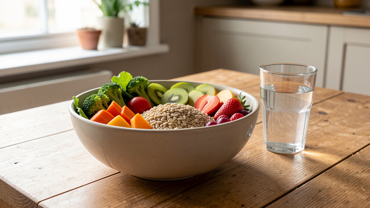 Bol coloré composé d’aliments simples et équilibrés, avec des légumes frais, des céréales complètes, des fruits et un verre d’eau sur une table de cuisine lumineuse.
