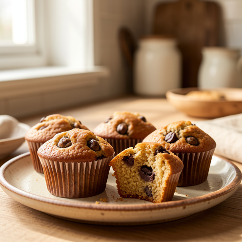Muffins sains à la banane et au chocolat noir, fraîchement cuits et présentés sur une assiette rustique, avec un muffin ouvert laissant voir une mie moelleuse.