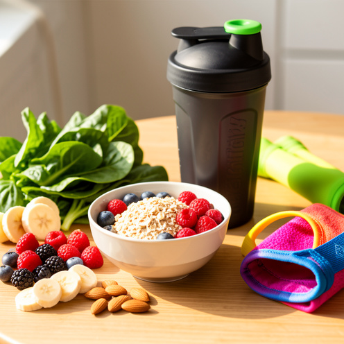 Nature morte colorée présentant des aliments nutritifs et des accessoires de sport sur une table en bois, dans une lumière naturelle.