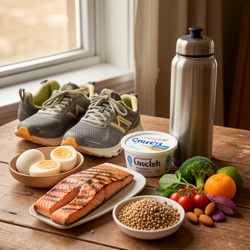 Sélection variée d’aliments riches en protéines disposés à côté de chaussures de course et d’une gourde, dans une lumière naturelle.