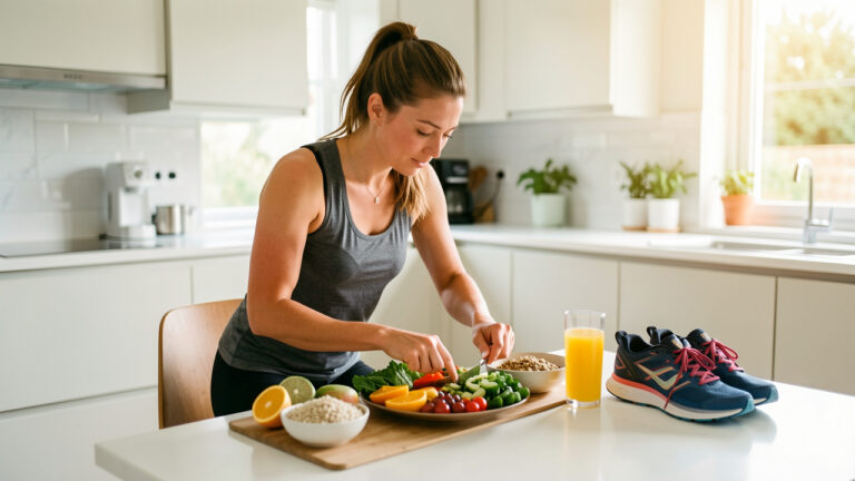 Une femme active prépare un repas équilibré composé de légumes frais, de fruits et de céréales complètes, avec des chaussures de course à proximité.
