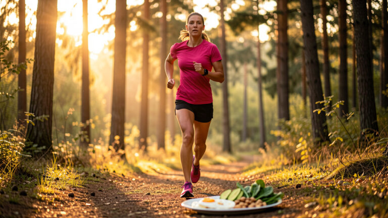 Une femme sportive court sur un sentier forestier au lever du soleil, avec une assiette composée d’œufs, d’avocat, de légumes verts et de noix près de ses chaussures de course.