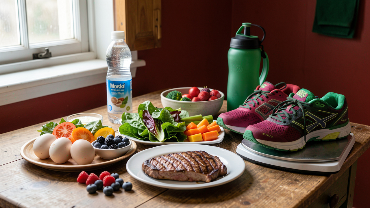 Nature morte montrant de la viande maigre, des œufs, des légumes verts et colorés, des fruits rouges, de l’eau minérale et des chaussures de course, évoquant la nutrition sportive et l’équilibre alimentaire.