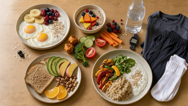 Repas équilibrés et aliments nutritifs disposés près d’accessoires de sport pour illustrer la répartition des repas autour de l’entraînement.