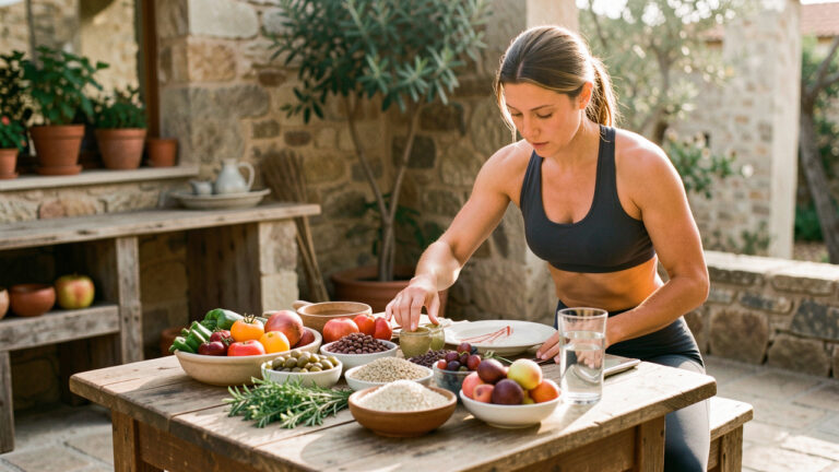 Une femme s’étire après le sport près d’une table méditerranéenne garnie de légumes, légumineuses, céréales complètes, olives, herbes fraîches et fruits.