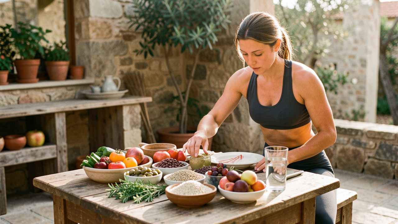 Une femme s’étire après le sport près d’une table méditerranéenne garnie de légumes, légumineuses, céréales complètes, olives, herbes fraîches et fruits.