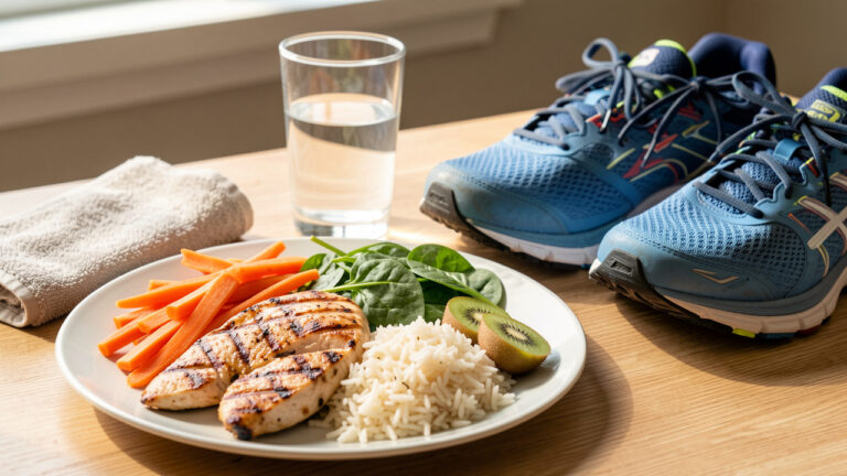 Repas équilibré pauvre en FODMAP composé de poulet grillé, riz, carottes, épinards et kiwi, accompagné de chaussures de course et d’une serviette.