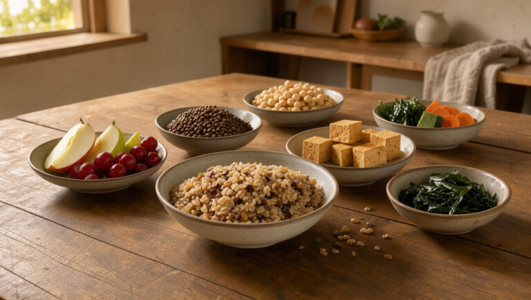 Repas macrobiotique équilibré composé de céréales complètes, légumes de saison, légumineuses, tofu, algues et fruits dans une cuisine minimaliste.