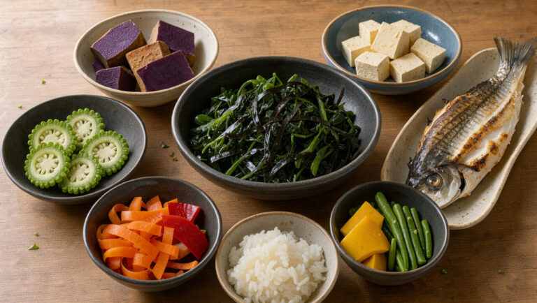 Repas équilibré inspiré d’Okinawa avec patates douces violettes, tofu, poisson grillé, légumes verts, algues et riz présentés dans des bols en céramique.