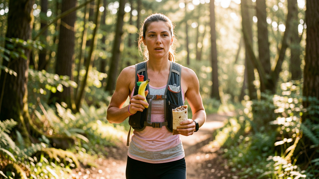 Une coureuse adulte progresse sur un sentier forestier ensoleillé avec une poche d’hydratation, une banane et une collation énergétique à base de riz.