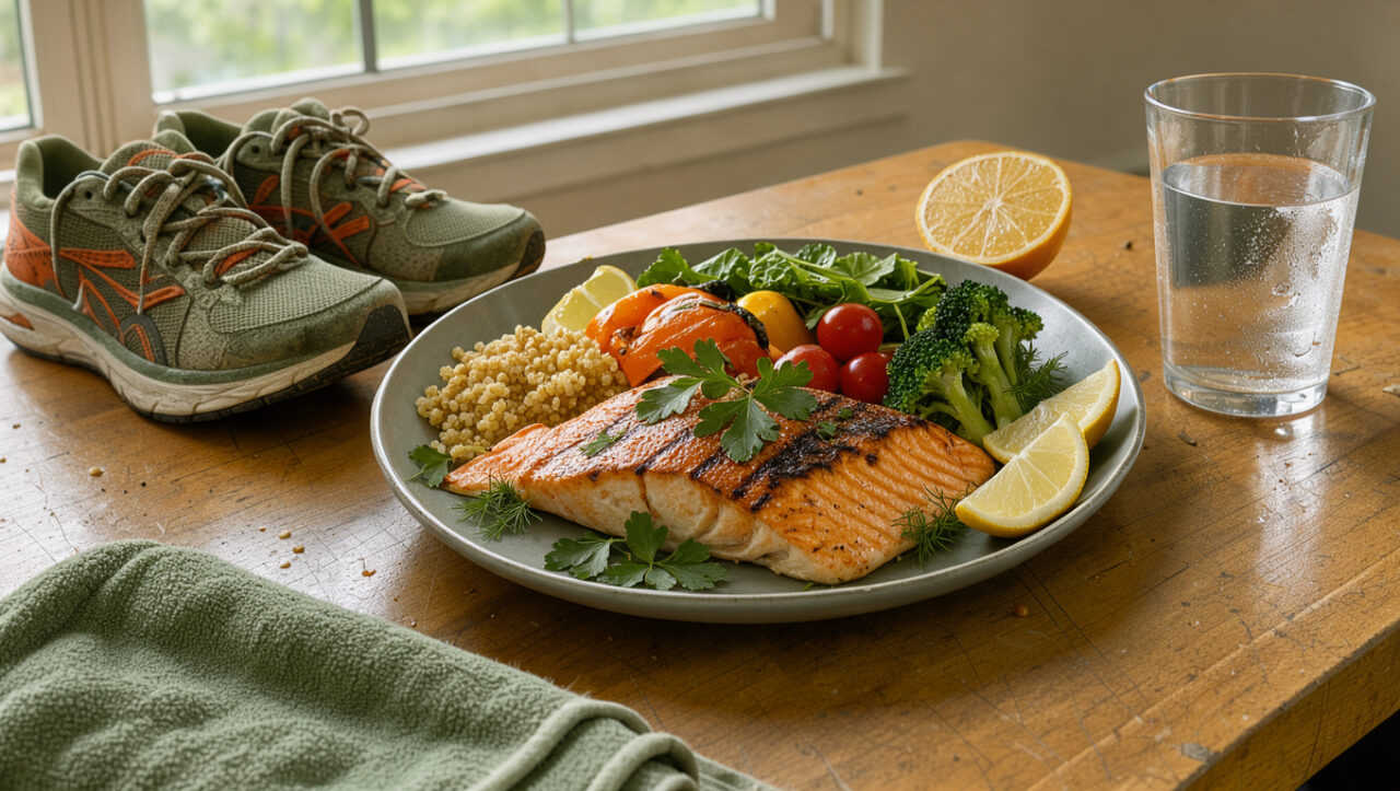 Repas équilibré pauvre en sel composé de saumon, quinoa, légumes colorés, herbes fraîches et agrumes, placé à côté de chaussures de course pour évoquer la récupération et la performance sportive.