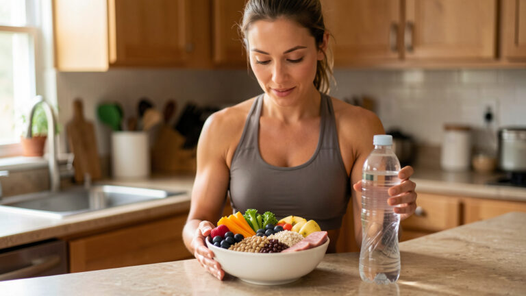 Une femme sportive observe un repas équilibré composé de légumes, céréales complètes, légumineuses, fruits et protéines maigres après son entraînement.