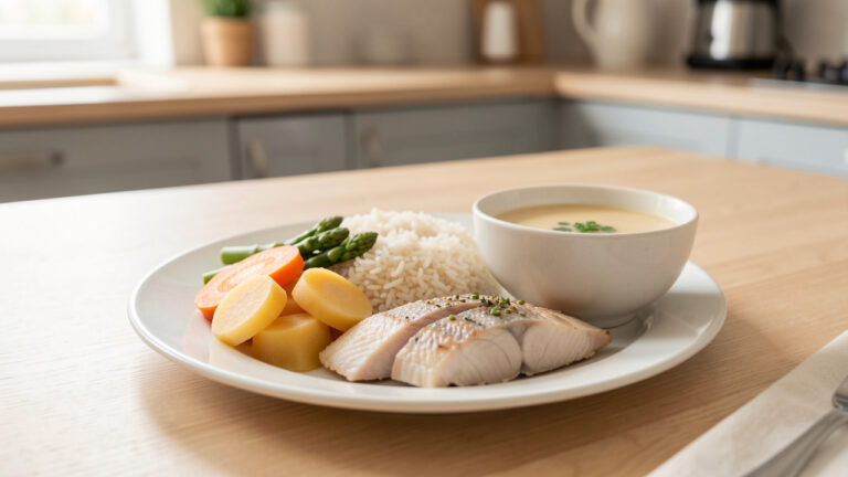 Repas équilibré adapté à un régime sans résidu, composé d’aliments tendres et soigneusement présentés.