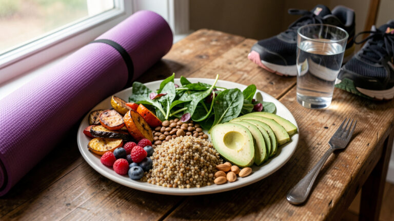 Repas végétarien équilibré composé de quinoa, lentilles, légumes rôtis, salade verte, avocat, fruits rouges et noix, accompagné d’un tapis de yoga et de chaussures de course.