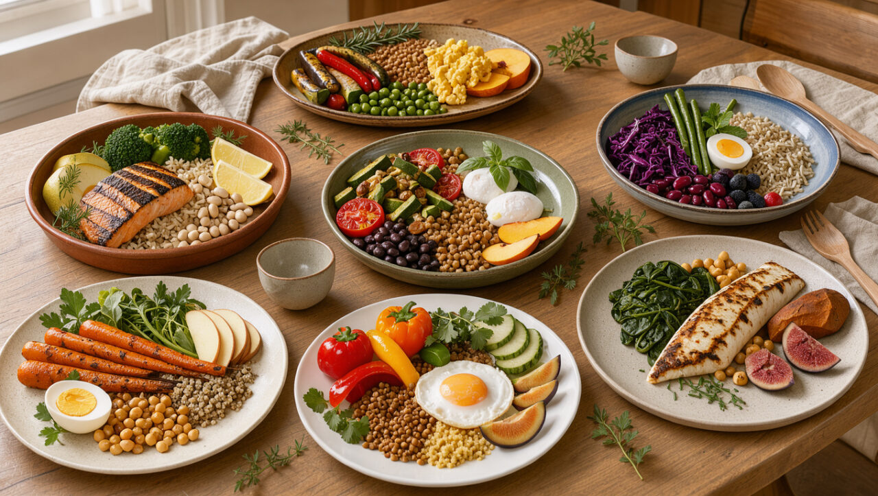 Sept compositions de repas équilibrés et colorés, avec légumes, céréales, légumineuses, œufs, poisson, herbes fraîches et fruits de saison, disposées sur une table de cuisine lumineuse.