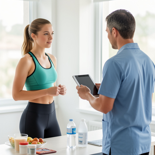 Jeune femme sportive faisant un échauffement près d’un médecin du sport, avec des éléments évoquant l’hydratation, la nutrition équilibrée et la prévention.